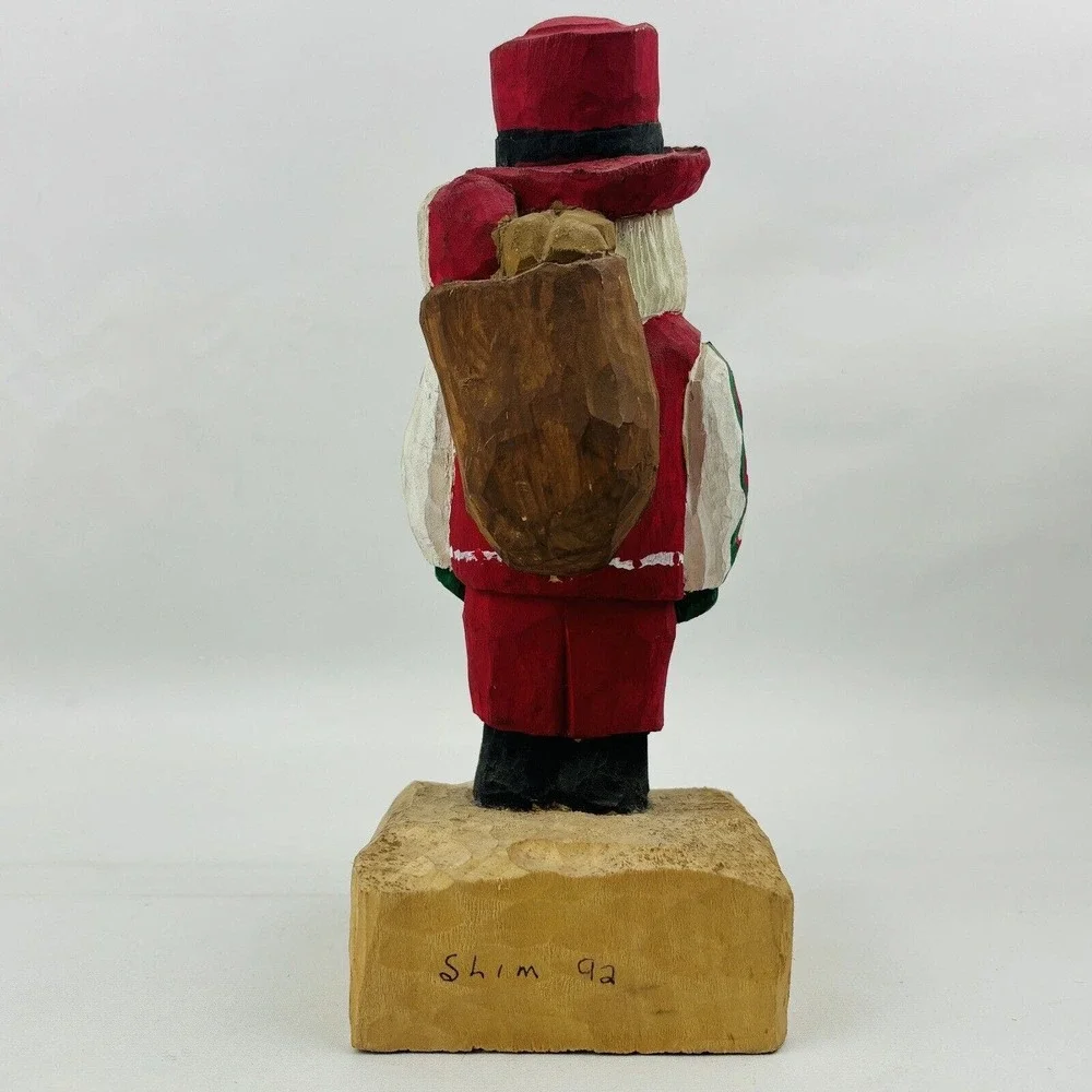 Vintage Wood Santa & Bag Figure Hand‎ Carved Handmade Painted Signed Slim 92